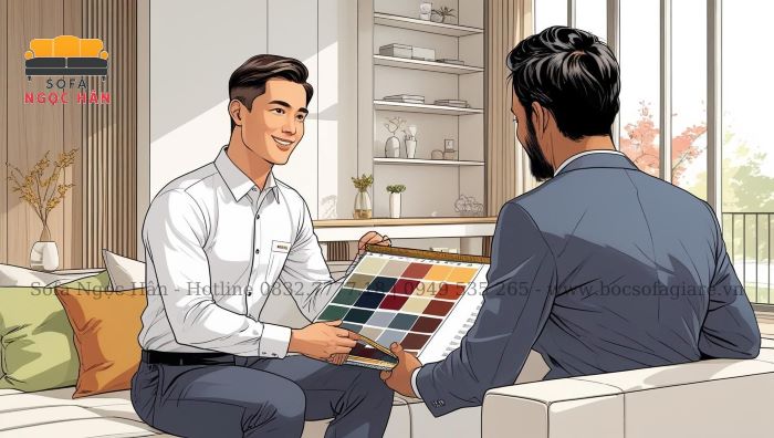 Đội ngũ chuyên viên Sofa Ngọc Hân khảo sát và tư vấn tận nơi, mang mẫu vật liệu đến tận nhà bạn lựa chọn.