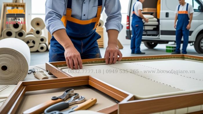 Quy trình bọc ghế sofa được thực hiện tỉ mỉ tại xưởng Sofa Ngọc Hân, đảm bảo chất lượng hoàn hảo.