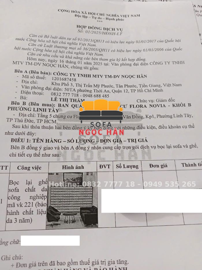 Hợp đồng ký kết thực tế với ban quản lý chung cư Flora Novia, TP.HCM