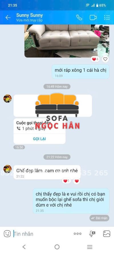 Khách gửi tin nhắn cảm ơn, hài lòng với chất lượng ghế sau khi làm xong